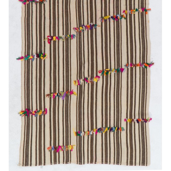 Banded Tribal Vintage Turkish Kilim (Flat-weave) with Wool-Cotton Poms Banded Tribal Vintage Turkish Kilim (Flat-weave) with Wool-Cotton Poms