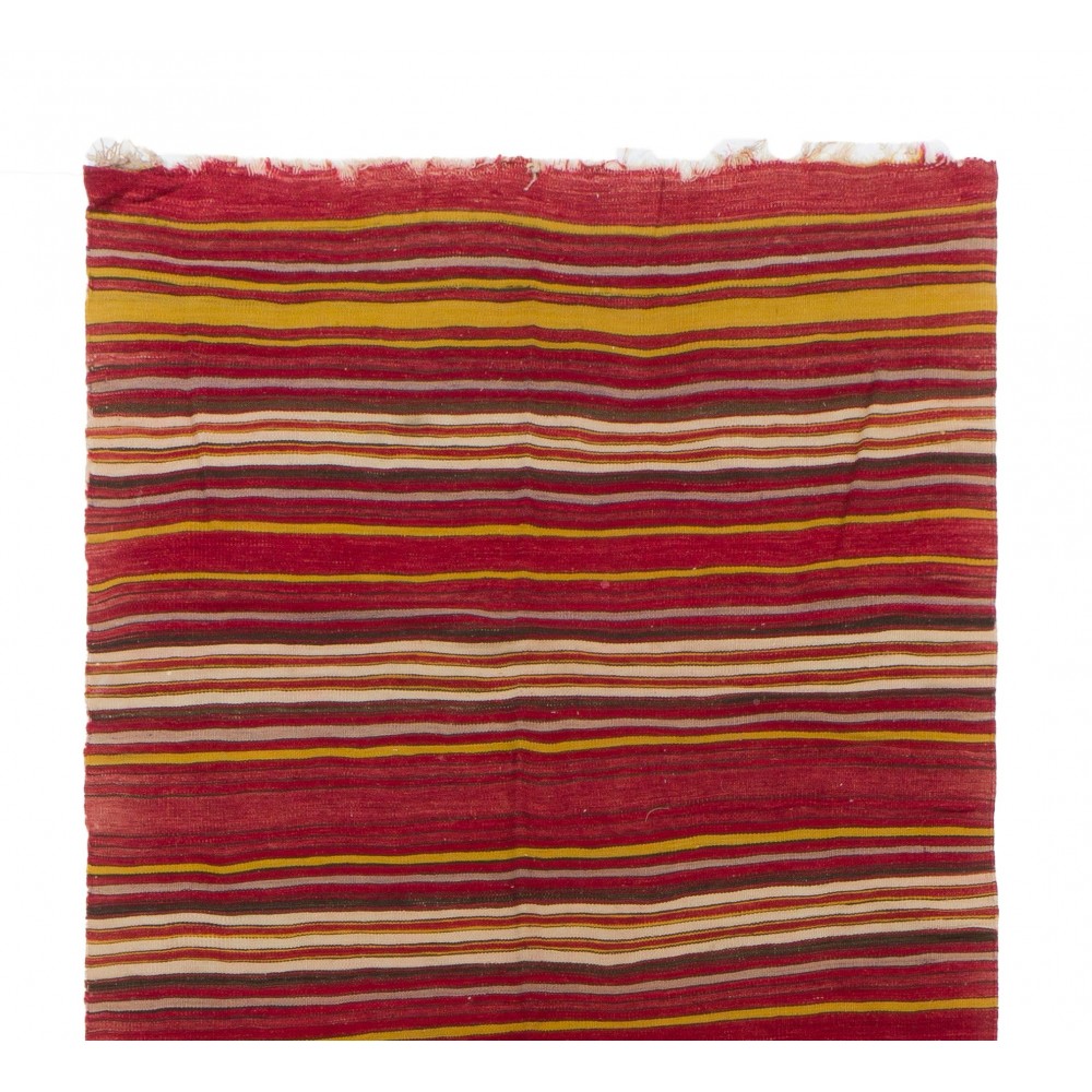 Handmade Kilim Runner with Colorful Stripes. Vintage Red Hallway Rug
