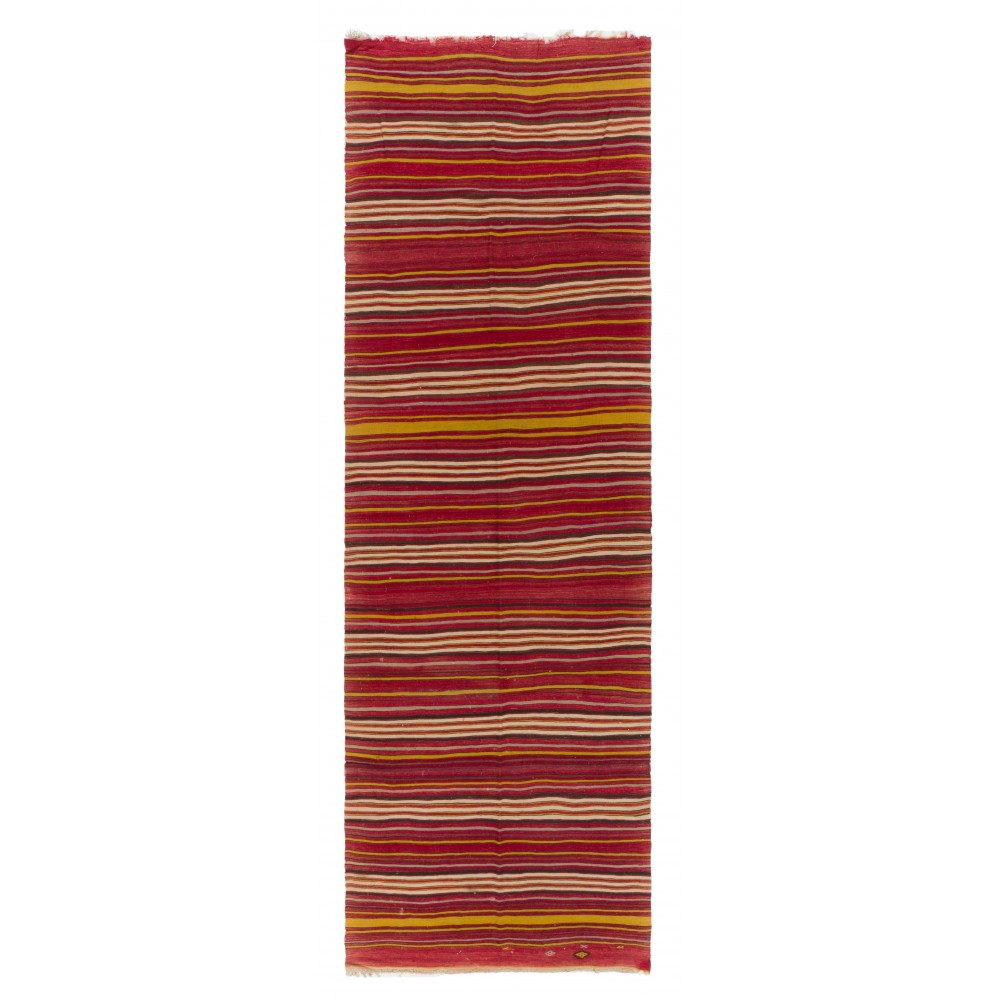 Handmade Kilim Runner with Colorful Stripes. Vintage Red Hallway Rug