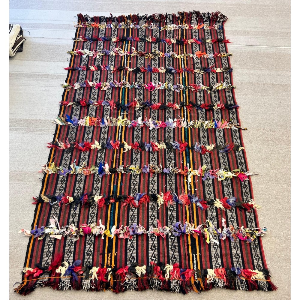 Vintage Handwoven Turkish Tribal Kilim, Flatweave Rug with Colorful Pom Poms