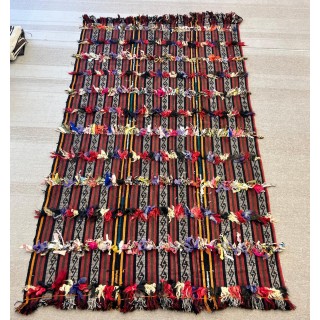 Vintage Handwoven Turkish Tribal Kilim, Flatweave Rug with Colorful Pom Poms
