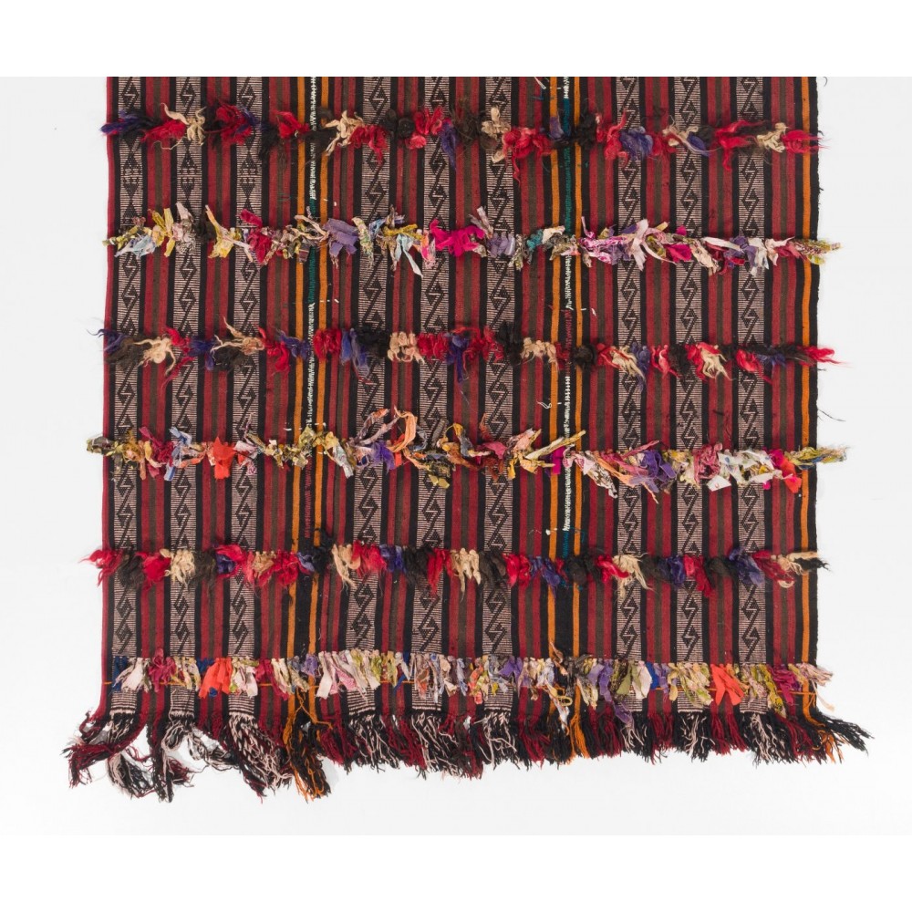Banded Tribal Kilim Rug with Colorful Poms