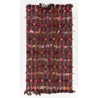 Vintage Turkish Tribal Kilim Rug with Colorful Poms, Wall Hanging, Sofa Throw