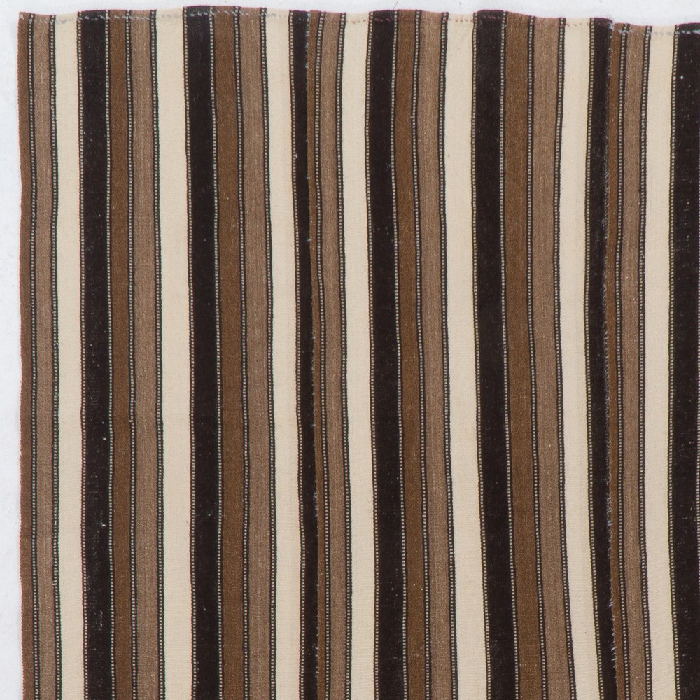 Vintage Handwoven Turkish Kilim, Banded Natural Wool Flatweave Rug in Cream and Brown