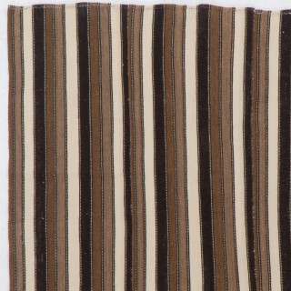 Vintage Handwoven Turkish Kilim, Banded Natural Wool Flatweave Rug in Cream and Brown