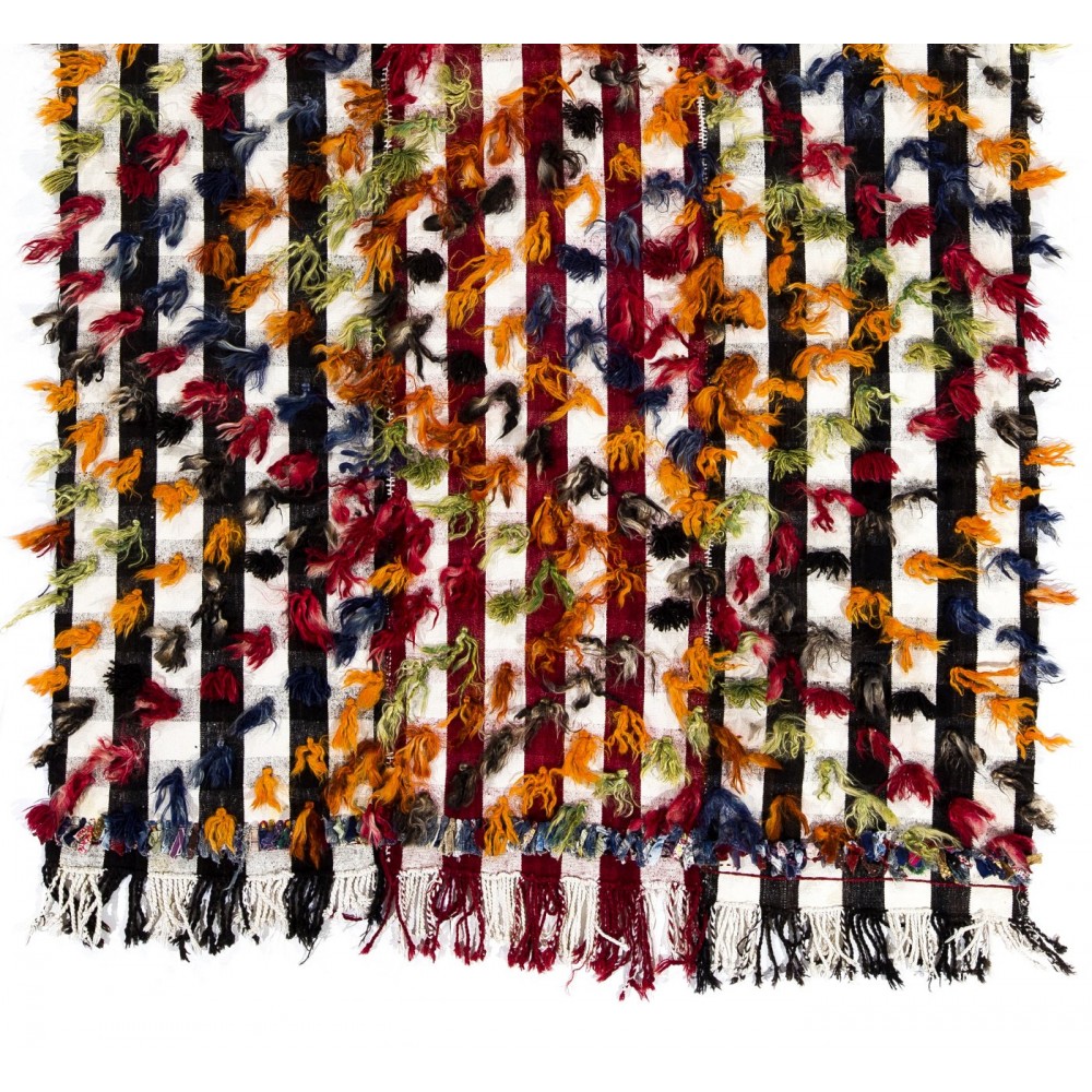 Banded Tribal Kilim Rug with Colorful Poms. Floor Cover, Bed Cover, Wall Hanging