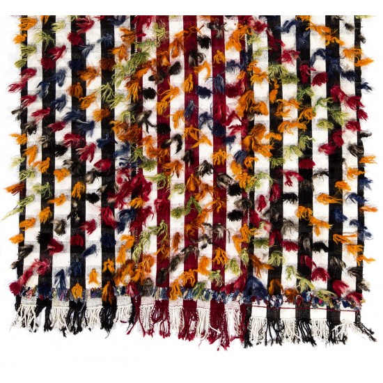 Banded Tribal Kilim Rug with Colorful Poms. Floor Cover, Bed Cover, Wall Hanging