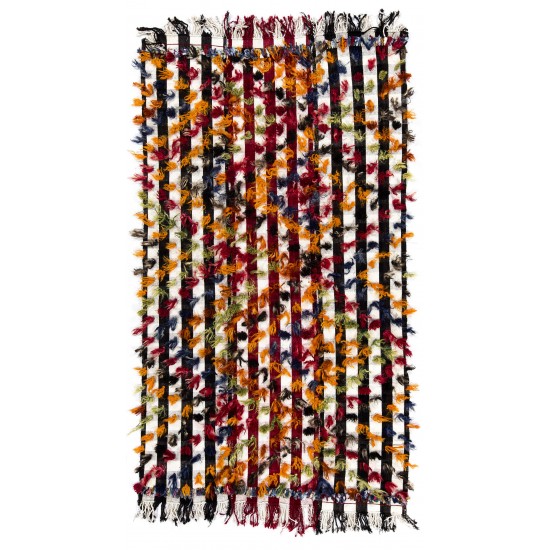 Banded Tribal Kilim Rug with Colorful Poms. Floor Cover, Bed Cover, Wall Hanging