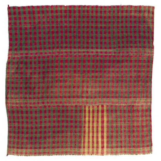 Chequered Turkish Kilim in Red and Green Colors, Handwoven Wool Rug