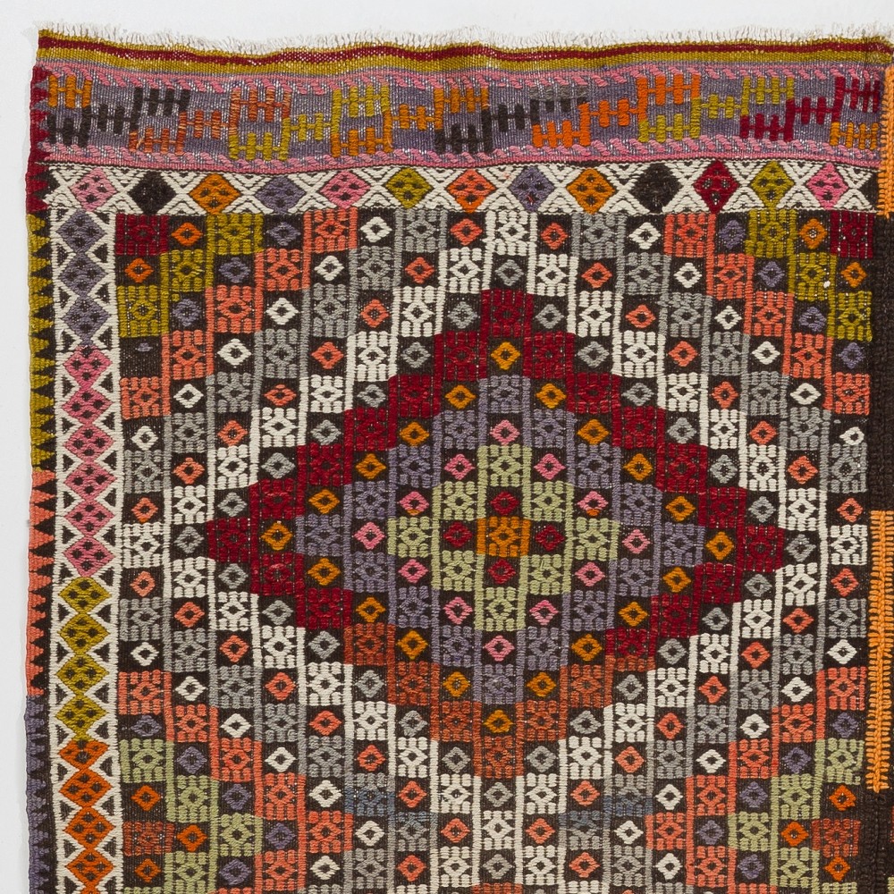 Vintage Turkish Jijim Kilim, Handwoven Embroidered Flatweave Rug with Diamond Design, 100% Wool