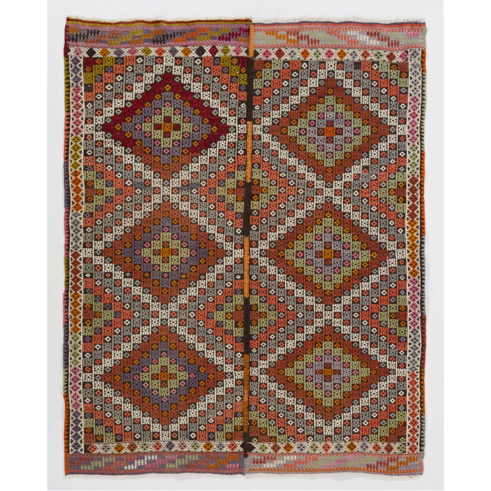Old Turkish Jijim Kilim, Embroidered Cicim Rug with Diamond Design