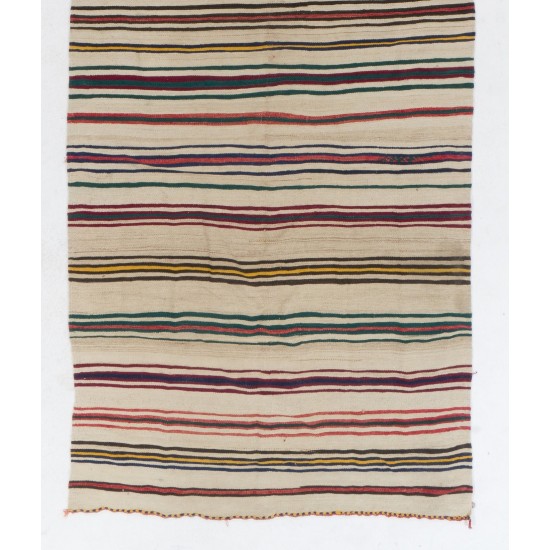 Hand-woven Vintage Striped Anatolian Runner Kilim (Flat-weave). %100 Wool. Reversible