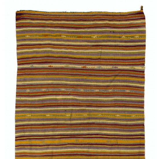 Hand-woven Vintage Banded Turkish Kilim (Flat-weave) with Striped Design, All Wool