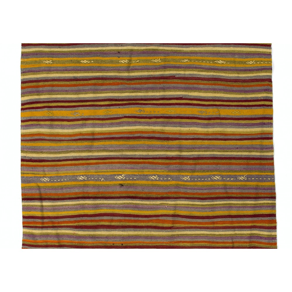 Hand-woven Vintage Banded Turkish Kilim (Flat-weave) with Striped Design, All Wool