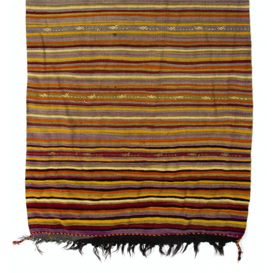 Hand-woven Vintage Banded Turkish Kilim (Flat-weave) with Striped Design, All Wool