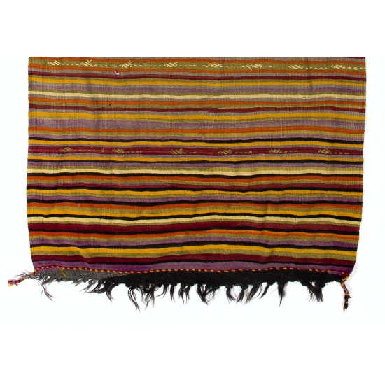 Hand-woven Vintage Banded Turkish Kilim (Flat-weave) with Striped Design, All Wool