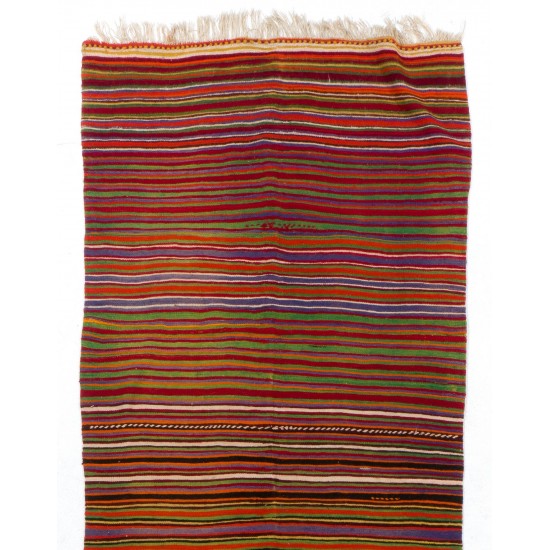 Hand-woven Vintage Banded Turkish Kilim (Flat-weave) with Striped Design, All Wool