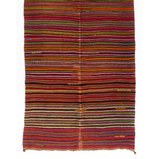 Hand-woven Vintage Banded Turkish Kilim (Flat-weave) with Striped Design, All Wool Hand-woven Vintage Banded Turkish Kilim (Flat-weave) with Striped Design, All Wool