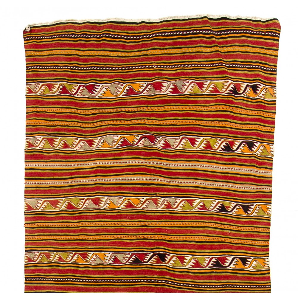 Hand-woven Vintage Striped Turkish Kilim. Flat-Weave Rug. %100 Wool