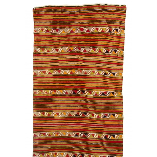 Hand-woven Vintage Banded Turkish Kilim (Flat-weave) with Striped Design, All Wool	