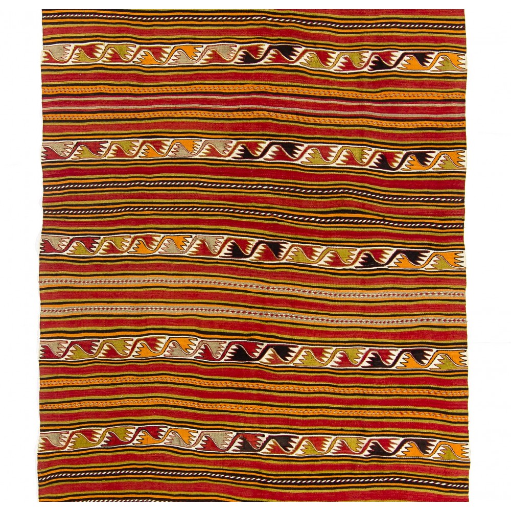 Hand-woven Vintage Striped Turkish Kilim. Flat-Weave Rug. %100 Wool