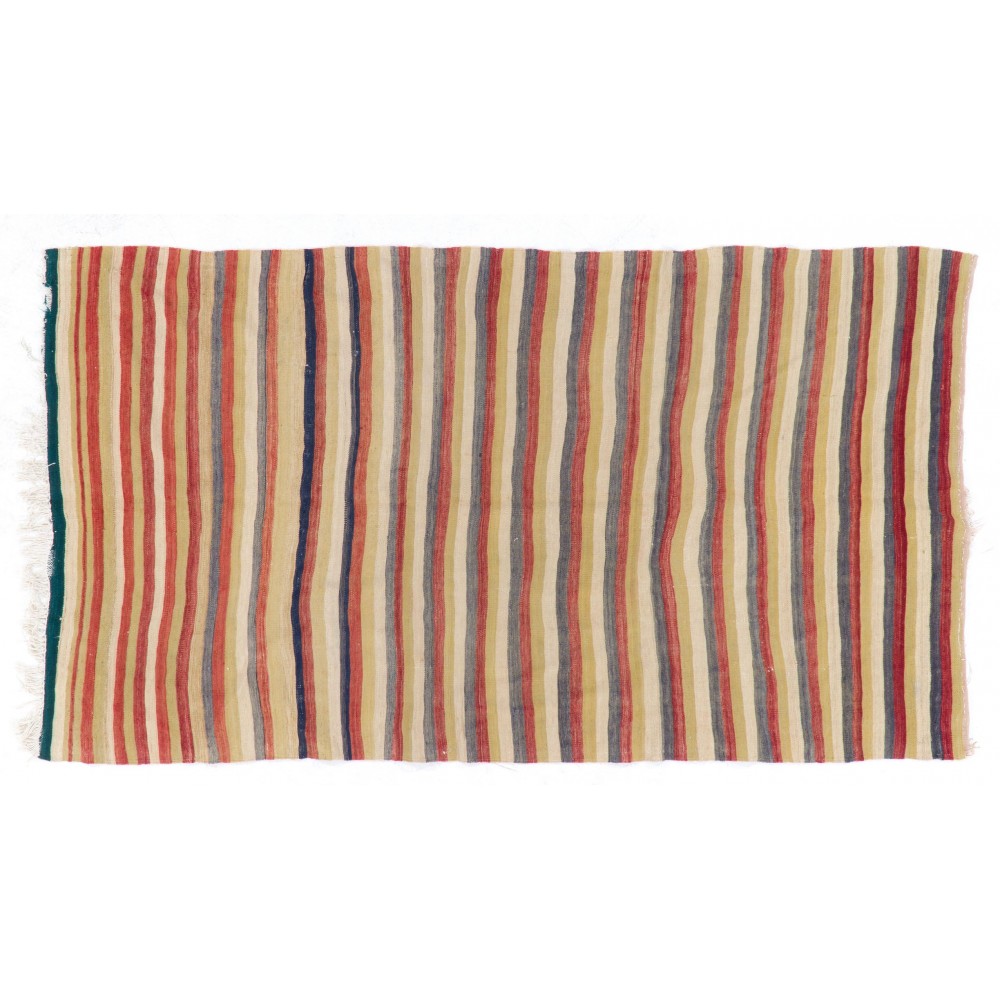 Hand-woven Vintage Striped Turkish Kilim. Flat-Weave Rug. %100 Wool	