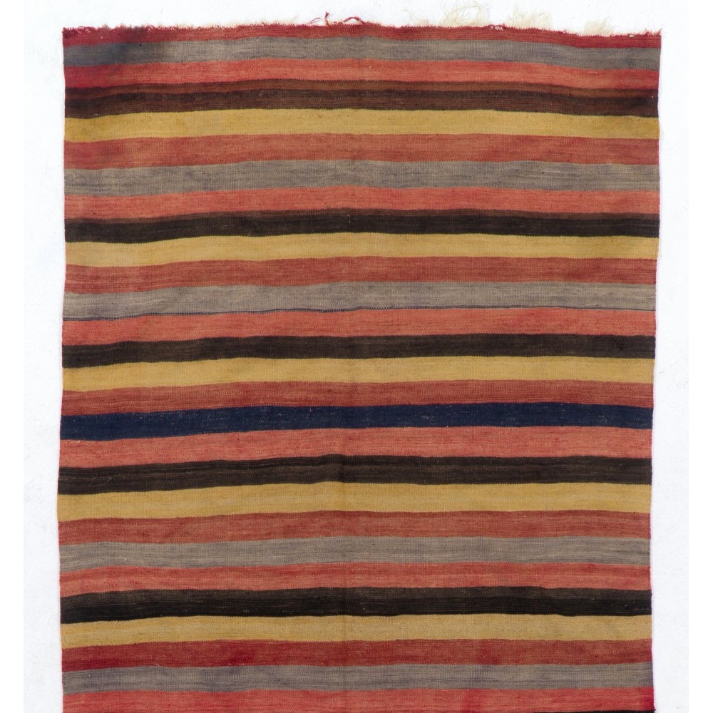Hand-woven Vintage Striped Turkish Kilim. Flat-Weave Rug. %100 Wool