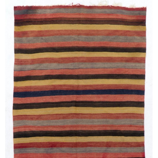 Hand-woven Vintage Banded Turkish Kilim (Flat-weave) with Striped Design, All Wool Hand-woven Vintage Banded Turkish Kilim (Flat-weave) with Striped Design, All Wool