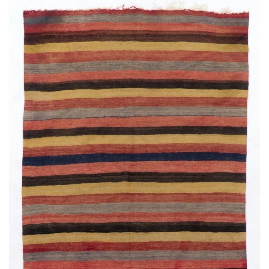 Hand-woven Vintage Banded Turkish Kilim (Flat-weave) with Striped Design, All Wool