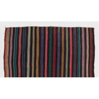Nomadic Anatolian Flat-Weave Kilim Rug with Black, Orange, Lilac, Green Stripes