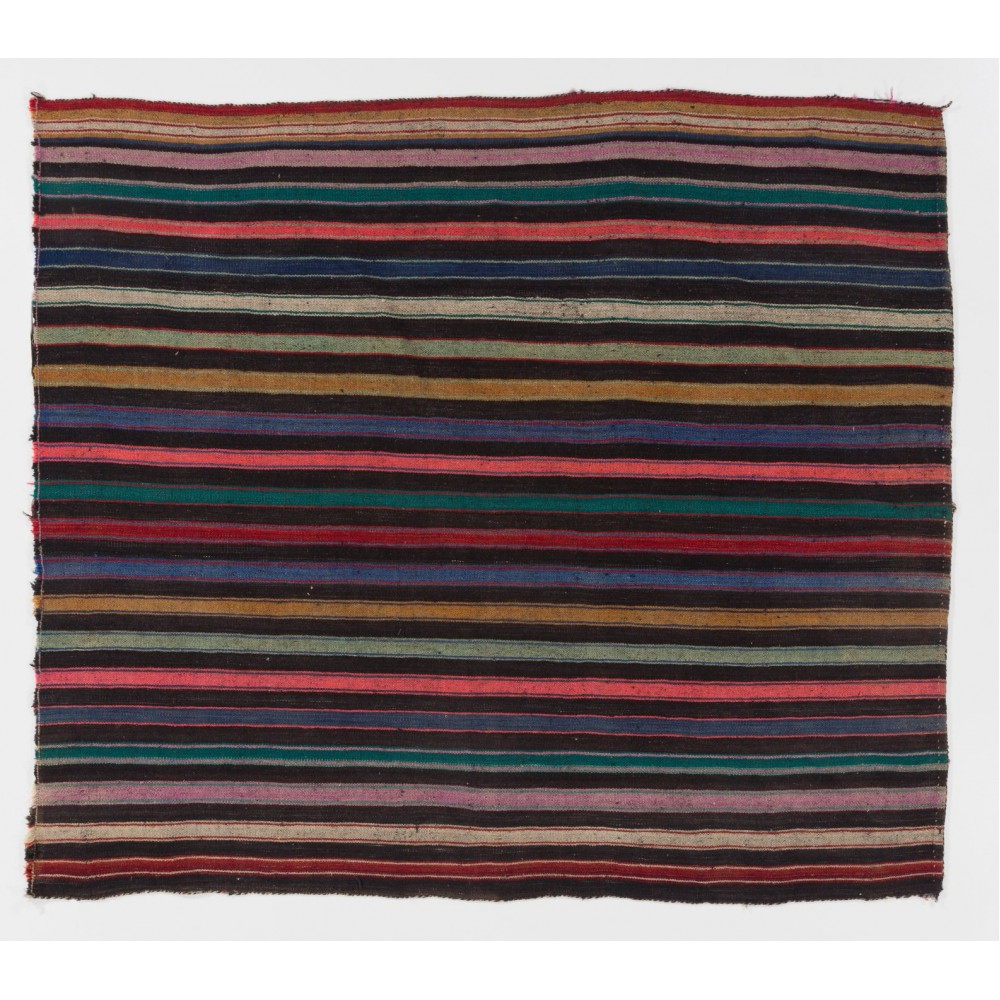 Nomadic Anatolian Flat-Weave Kilim Rug with Black, Orange, Lilac, Green Stripes