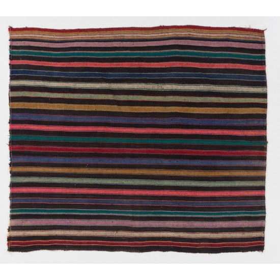 Nomadic Anatolian Flat-Weave Kilim Rug with Black, Orange, Lilac, Green Stripes