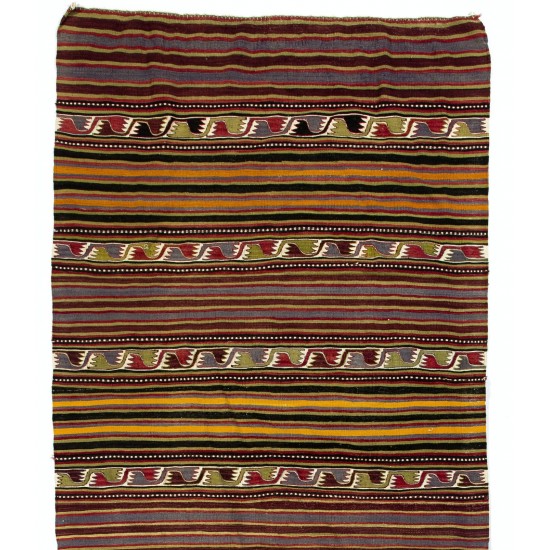 Banded Hand-Woven Vintage Turkish Runner Kilim 'FlatWeave', All Wool Banded Hand-Woven Vintage Turkish Runner Kilim 'FlatWeave', All Wool