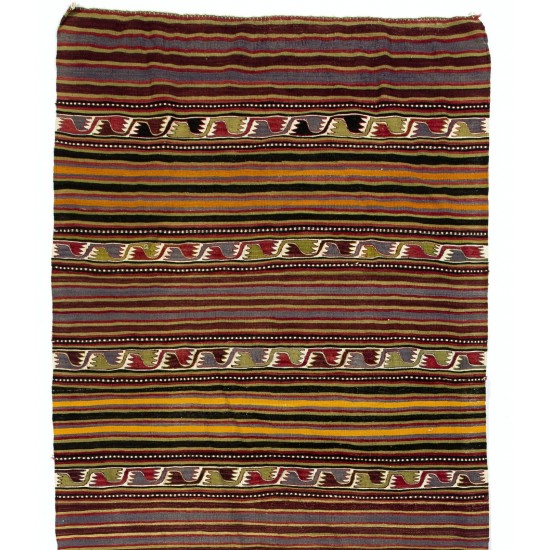 Banded Hand-Woven Vintage Turkish Runner Kilim 'FlatWeave', All Wool