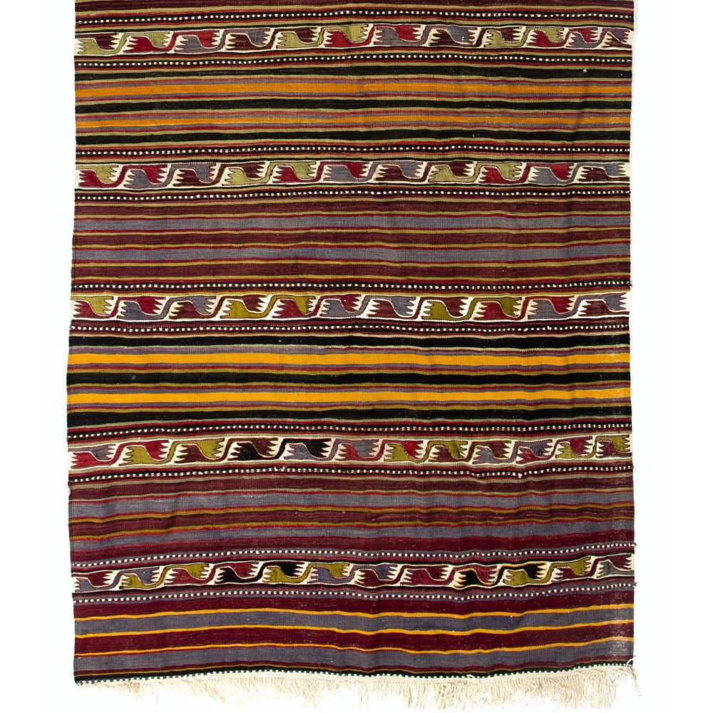Banded Hand-Woven Vintage Turkish Runner Kilim 'FlatWeave', All Wool