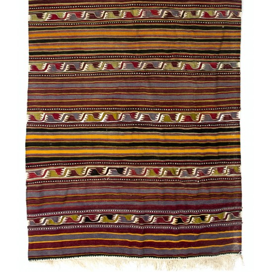 Banded Hand-Woven Vintage Turkish Runner Kilim 'FlatWeave', All Wool Banded Hand-Woven Vintage Turkish Runner Kilim 'FlatWeave', All Wool