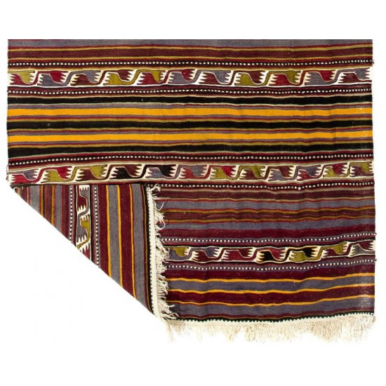 Banded Hand-Woven Vintage Turkish Runner Kilim 'FlatWeave', All Wool