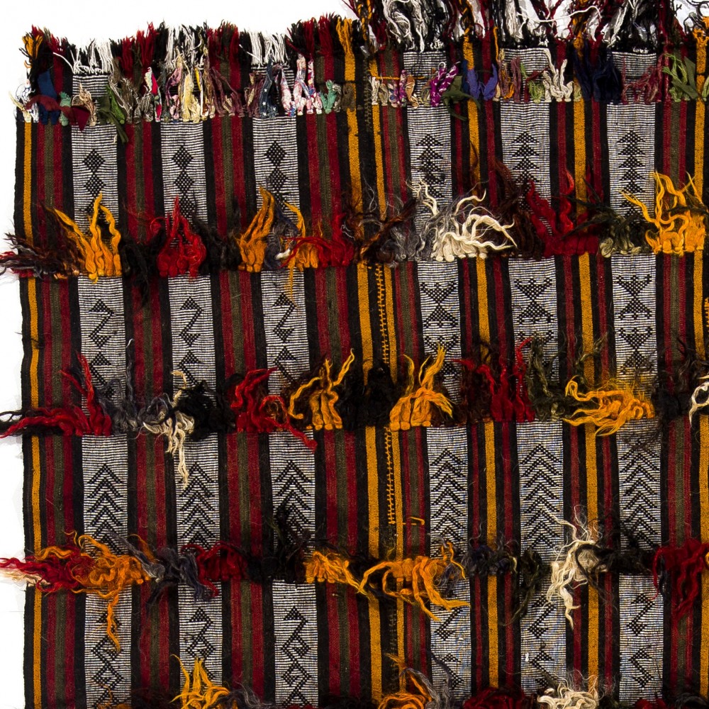 Vintage Tribal Kilim, Flatweave Rug with Wool and Cotton Pom Poms, Striped Wall Hanging