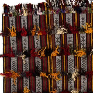 Vintage Tribal Kilim, Flatweave Rug with Wool and Cotton Pom Poms, Striped Wall Hanging
