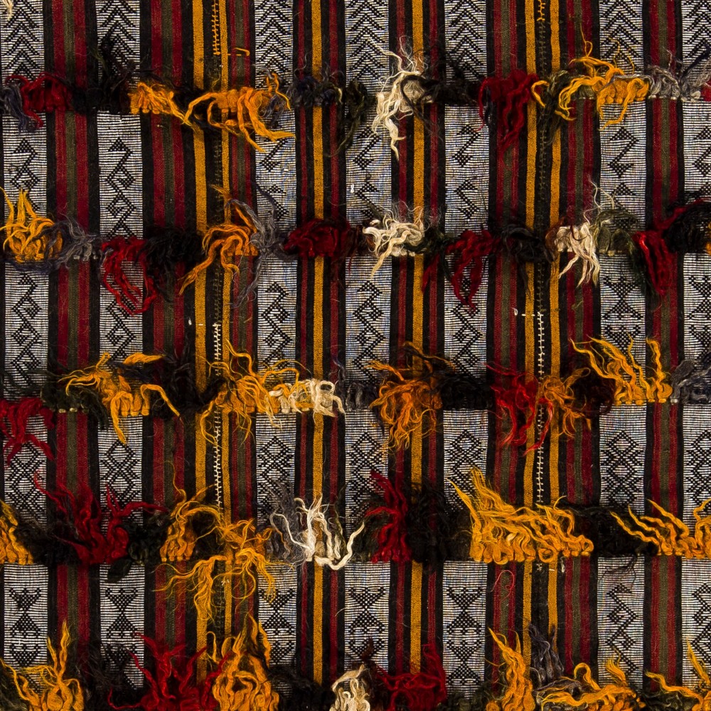 Vintage Tribal Kilim, Flatweave Rug with Wool and Cotton Pom Poms, Striped Wall Hanging