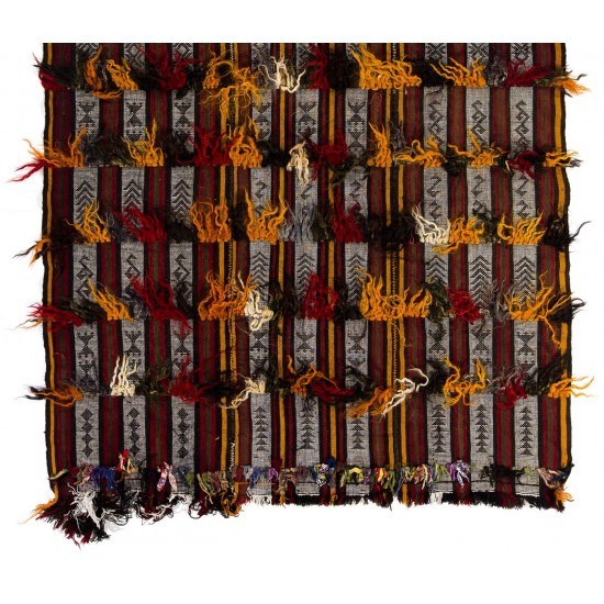 Banded Tribal Kilim, Flat-Weave Rug, Floor Covering with Wool-Cotton Poms Banded Tribal Kilim, Flat-Weave Rug, Floor Covering with Wool-Cotton Poms