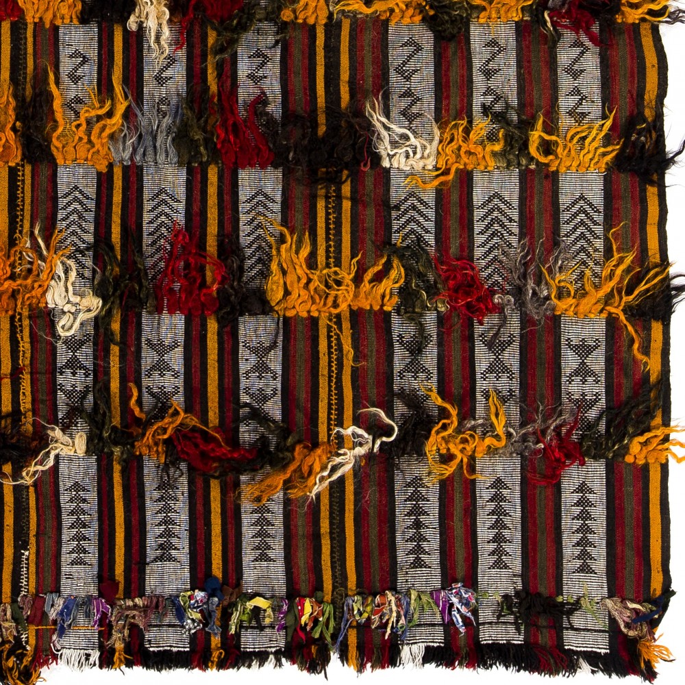 Vintage Tribal Kilim, Flatweave Rug with Wool and Cotton Pom Poms, Striped Wall Hanging