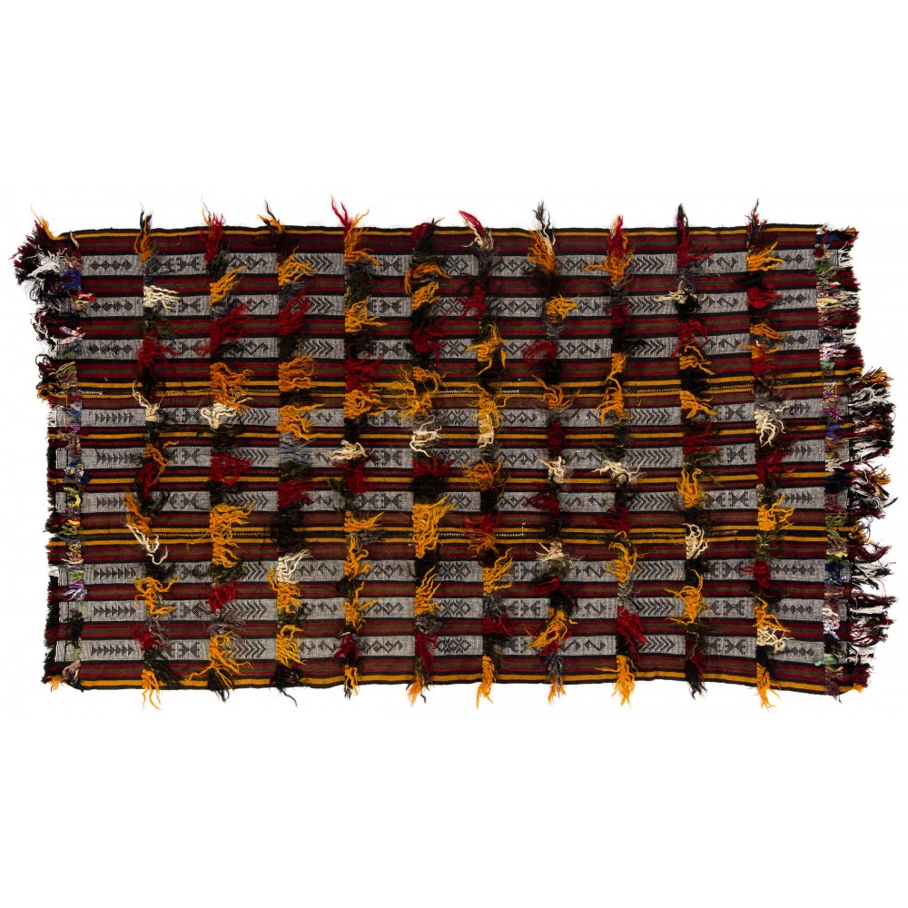 Banded Tribal Kilim, Flat-Weave Rug, Floor Covering with Wool-Cotton Poms