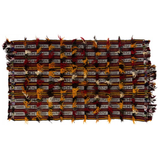 Banded Tribal Kilim, Flat-Weave Rug, Floor Covering with Wool-Cotton Poms Banded Tribal Kilim, Flat-Weave Rug, Floor Covering with Wool-Cotton Poms