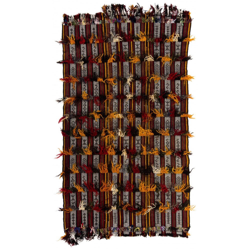 Banded Tribal Kilim, Flat-Weave Rug, Floor Covering with Wool-Cotton Poms