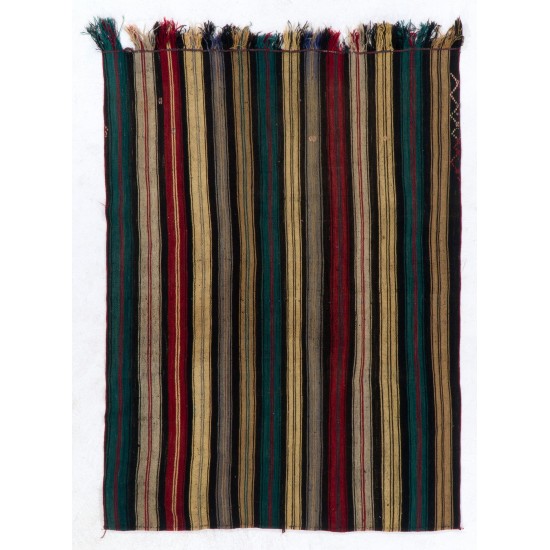 Hand-woven Vintage Anatolian Kilim (Flat-weave) with Vertical Bands, All Wool