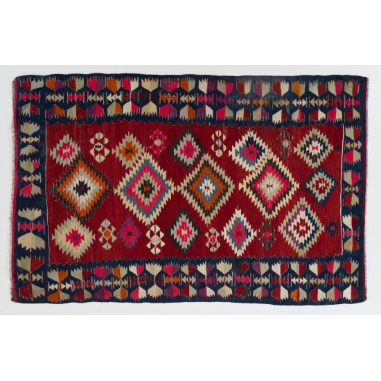 Colorful Vintage Turkish Kilim, Flat-Weave Wool Rug