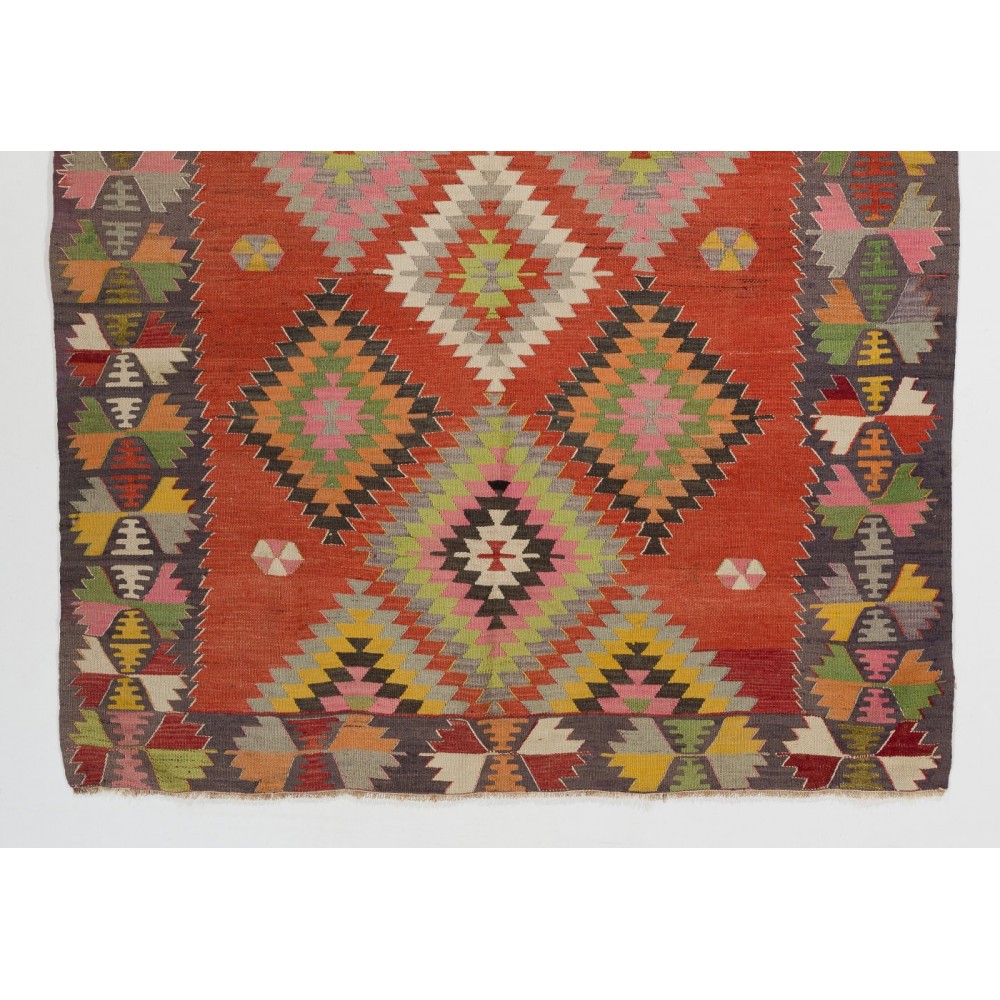 Colorful Vintage Turkish Kilim with Geometric Pattern, Flat-Weave Wool Rug