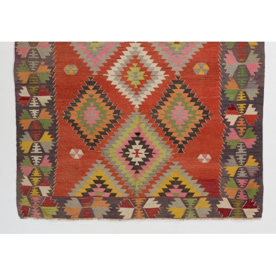 Colorful Vintage Turkish Kilim with Geometric Pattern, Flat-Weave Wool Rug