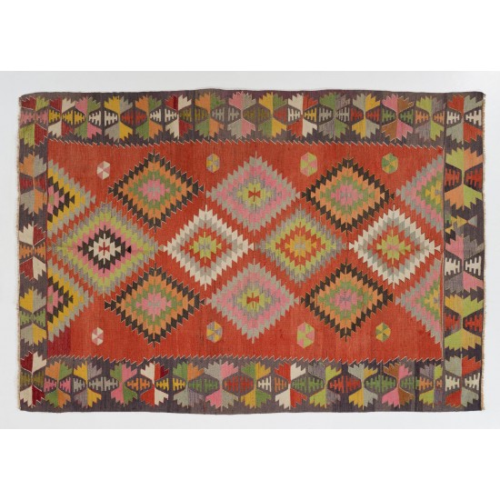 Colorful Vintage Turkish Kilim with Geometric Pattern, Flat-Weave Wool Rug